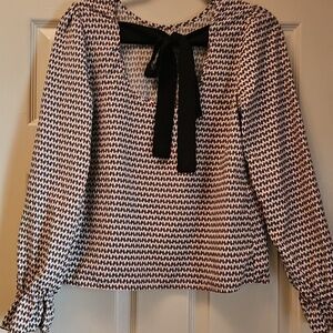 SHEIN Black and White Houndstooth Tie-Neck Long Sleeve Top
